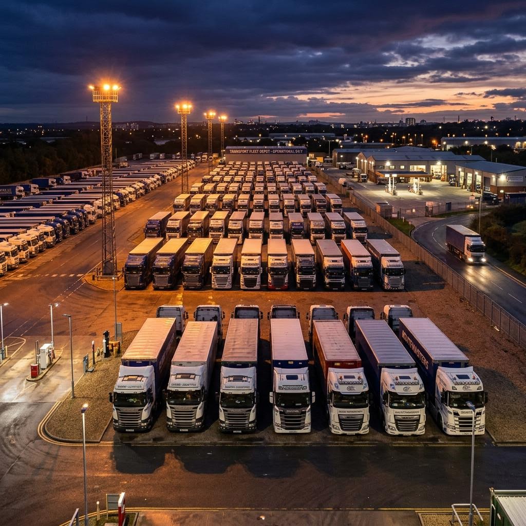 Trucks lined up at a logistics depot ready for dispatch