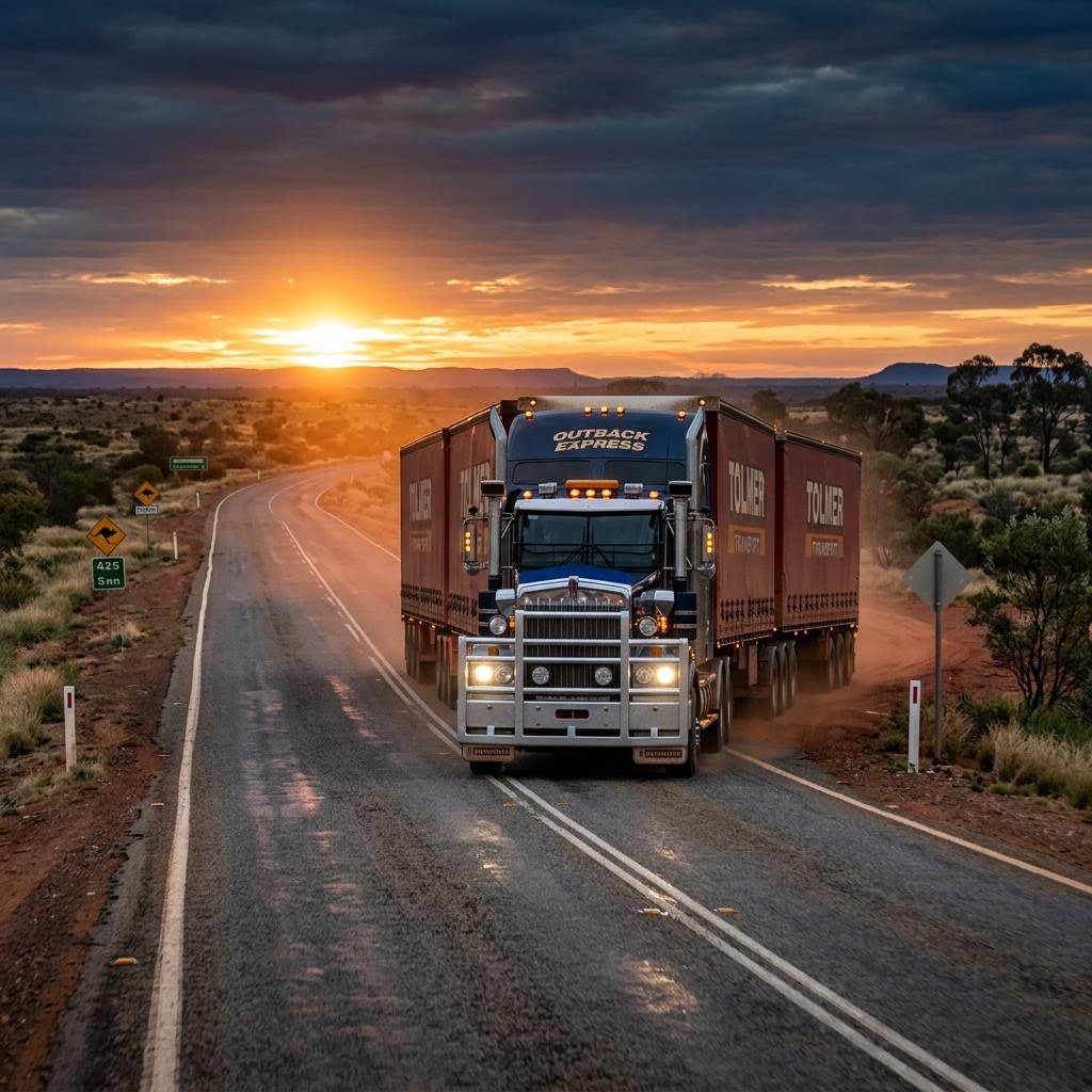Heavy vehicles travelling on an Australian highway at dusk